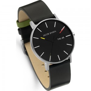 Jacob Jensen horloge model 162 Timeless Nordic, zwarte wijzerplaat + saffierglas + geel-rood accent en voorzien van lederen band - 214804
