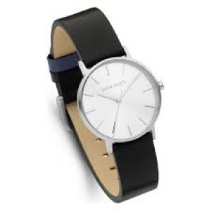 Jacob Jensen horloge model 170 Timeless Nordic, zilverkleurige wijzerplaat + saffierglas en voorzien van lederen band met blauw accent. - 214745