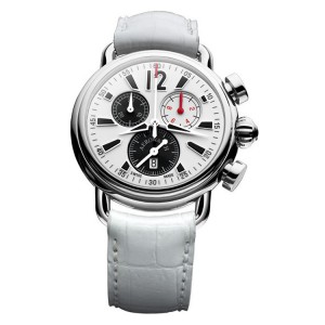 Aerowatch horloge Swis Made " Aerolady chronograph " stalen kast met witte lederen band, witte wijzerplaat met donkere en rode accenten - 32727