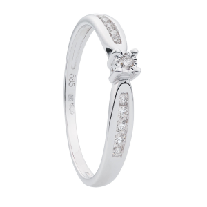 14 krt geelgouden fantasie 4-poots chaton solitair ring met 10 x zijstenen, totaal 0.15 ct G/Si - 211749