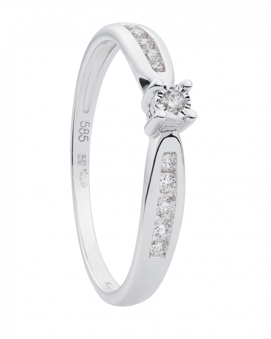 14 krt geelgouden fantasie 4-poots chaton solitair ring met 10 x zijstenen, totaal 0.15 ct G/Si - 211749