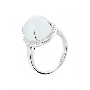 Zilver gerhodineerde fantasie kleursteen ring : cabochon geslepen aquamarijn en krans van zirconia's , E356 - 209694