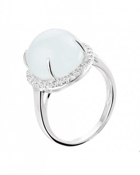 Zilver gerhodineerde fantasie kleursteen ring : cabochon geslepen aquamarijn en krans van zirconia's , E356 - 209694