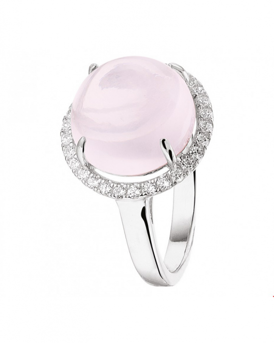 Zilver gerhodineerde fantasie kleursteen ring : cabochon geslepen roze kwarts en krans van zirconia's , E351 - 209696