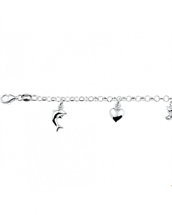 zilveren bedelarmband incl 5 bedeltjes ( gesoldeerd ), lengte 15 cm - 32722