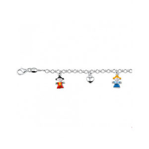 zilveren kinderbedelarmbandje inclusief 5 bedeltjes " gekleurde poppetjes + hartjes 13-15 cm - 32724