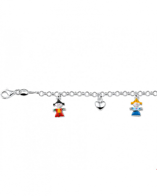 zilveren kinderbedelarmbandje inclusief 5 bedeltjes " gekleurde poppetjes + hartjes 13-15 cm - 32724