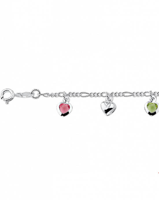 zilveren kinderbedelarmband figaroschakel met diverse hangende hartjes in diverse kleuren, 16 cm - 34549