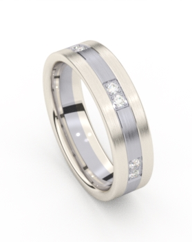 Aurodesign partnerring , een combinatie van een middenbaan van palladium en twee buitenbanen van 18 karaats witgoud en voorzien van 12 x 0,015 crt briljant geslepen diamanten, totaal 0.18 crt VS/H Refnr.  8695-pd 55 Op maat 55 - 26973