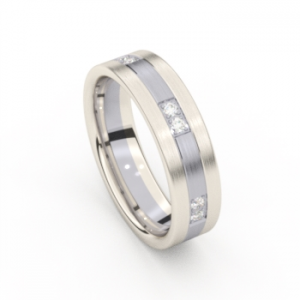 Aurodesign partnerring , een combinatie van een middenbaan van palladium en twee buitenbanen van 18 karaats witgoud en voorzien van 12 x 0,015 crt briljant geslepen diamanten, totaal 0.18 crt VS/H Refnr.  8695-pd 55 Op maat 55 - 26973