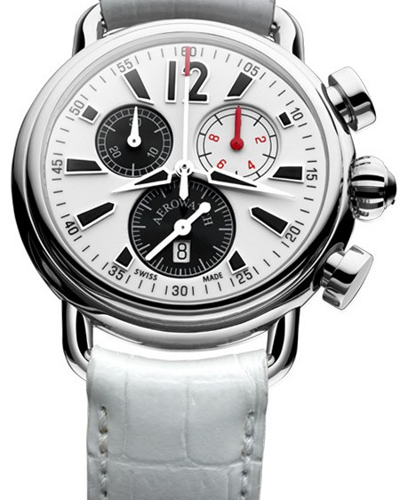 Aerowatch horloge Swis Made " Aerolady chronograph " stalen kast met witte lederen band, witte wijzerplaat met donkere en rode accenten - 32727