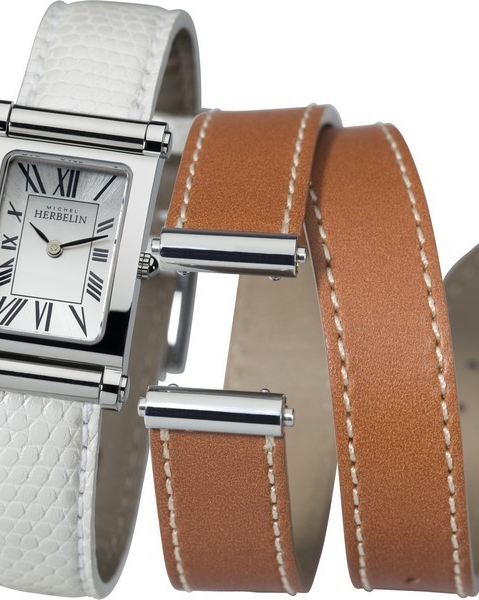 Michel Herbelin horloge, stalen kast, model Antares, zilver-romeinse wijzerplaat en voorzien van een bruin lederen band - 40024