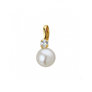 14 krt geelgouden parelhanger, ronde zoetwaterparel van 6 mm, net boven de parel een zirconia geplaatst - 204491