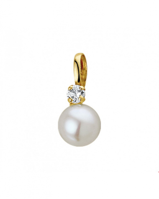 14 krt geelgouden parelhanger, ronde zoetwaterparel van 6 mm, net boven de parel een zirconia geplaatst - 204491