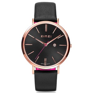 Zinzi retro horloge rosé verguld met zwarte wijzerplaat, lederen cognac band - 205634