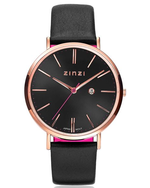 Zinzi retro horloge rosé verguld met zwarte wijzerplaat, lederen cognac band - 205634
