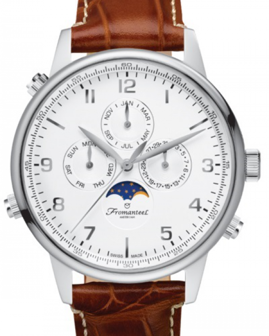 Fromanteel horloge " Globetrotter Moonphase White " stalen kast en lederen band, saffier glas, model GT-0531 - 205769