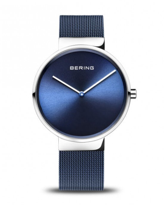 Edelstalen Bering horloge strak design, met blauwe milanaise band, refnr : 14539-307 - 206115