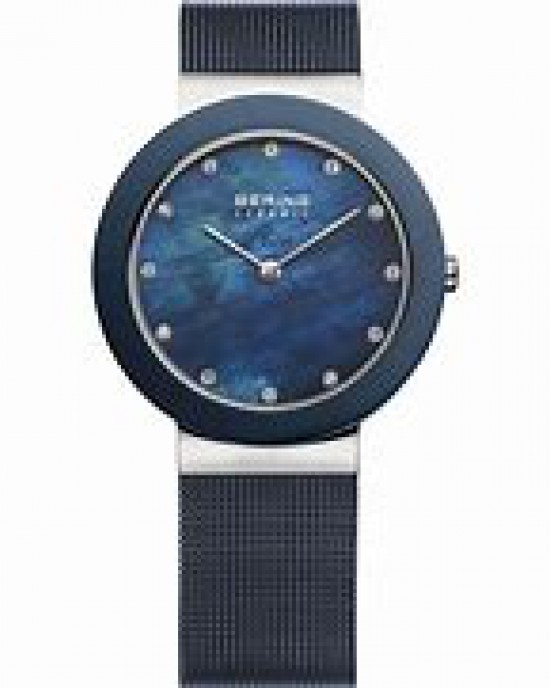 Bering horloge met ronde stalen kast en keramiek lunette, blauwe mesh band, blauwe wizerplaat + zirkonia index, refnr 11435-387 - 206367