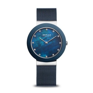 Bering horloge met ronde stalen kast en keramiek lunette, blauwe mesh band, blauwe wizerplaat + zirkonia index, refnr 11435-387. - 206367