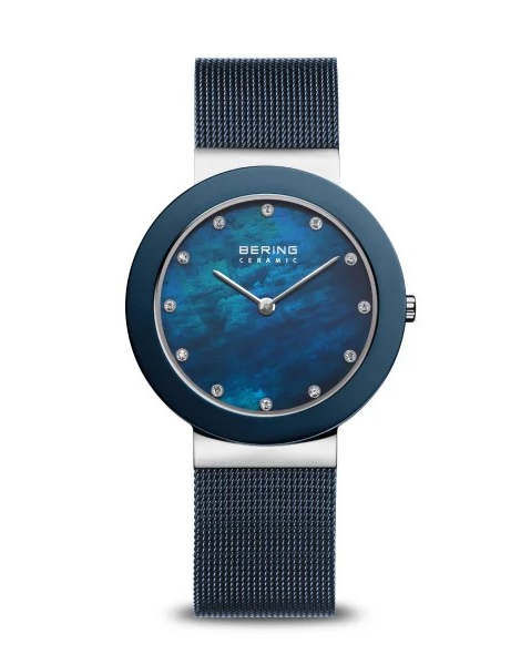 Bering horloge met ronde stalen kast en keramiek lunette, blauwe mesh band, blauwe wizerplaat + zirkonia index, refnr 11435-387. - 206367
