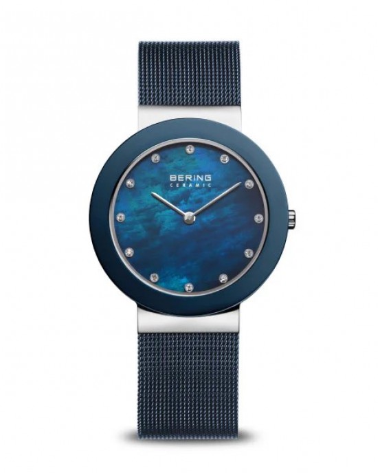 Bering horloge met ronde stalen kast en keramiek lunette, blauwe mesh band, blauwe wizerplaat + zirkonia index, refnr 11435-387. - 206367