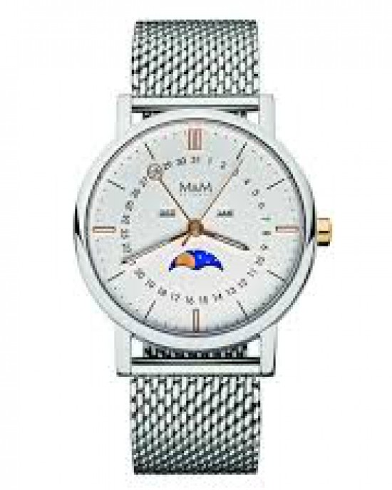 M&M horloge met maanfase prijswinnend design stalen kast en milanaise band en goudkleurige indexen ; refnr 11919.162 - 206628