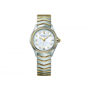 Ebel Wave lady staal/18 krt , kast is een combinatie van staal met 18 krt geelgoud en de stalen band is met geel Pvd, voorzien van parelmoer wijzerplaat incl 8 x briljant op wijzerplaat, lunette volledig bezet met briljanten, 1216351 - 206760