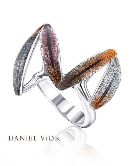 Daniel Vior zilveren ring model Zig-Zag in oranje-lila-grijs emaille - 207168