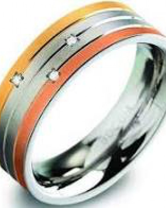 Boccia titanium ring tri-colour, voorzien van 3 x 0.005 crt briljant geslepen diamant - 207362