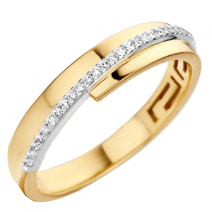 14 krt geel-witgouden fantasie ring met 1 witgouden band in een slinger over de bovenzijde welke is verfraaid met briljant geslepen diamanten pavé gezet, totaal 29 stuks met totaal diamantgewicht van 0,09 crt H/Si - 207308