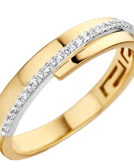 14 krt geel-witgouden fantasie ring met 1 witgouden band in een slinger over de bovenzijde welke is verfraaid met briljant geslepen diamanten pavé gezet, totaal 29 stuks met totaal diamantgewicht van 0,09 crt H/Si - 207308