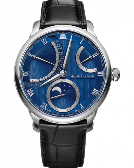 Maurice Lacroix Masterpiece " Moon Retrograde Blue " met maanstand, Retrograde datumfunctie,weekdagen, gang reserve indicator( 52 uurs ) .Saffierglas, glazen bodem en echte kroko lederen band - 207921