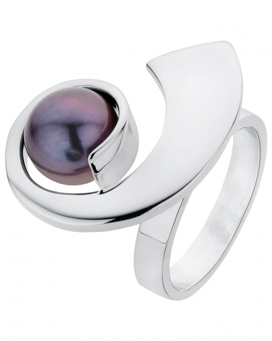 handgesmeed zilveren fantasie NOL ring, verfraaid met krul waarin een zoetwaterparel van ca 12 mm - 209054