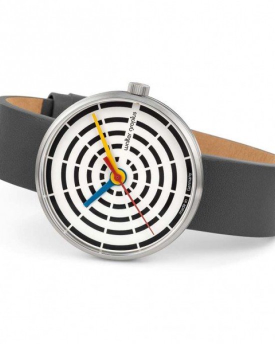 Walter Gropius Bauhaus horloge " Space Loops " stalen kast lichte wijzerplaat + lederen band - 210080