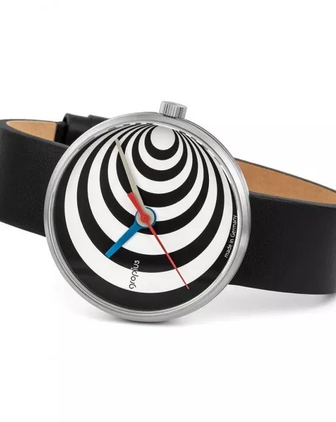 Walter Gropius Bauhaus horloge " Excentric " stalen kast , wit-zwart wijzerplaat + lederen band - 210083