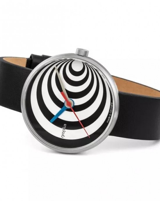 Walter Gropius Bauhaus horloge " Excentric " stalen kast , wit-zwart wijzerplaat + lederen band - 210083