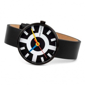Walter Gropius Bauhaus horloge " Crossway " stalen kast zwart gecoat , donkere wijzerplaat + lederen band - 210082