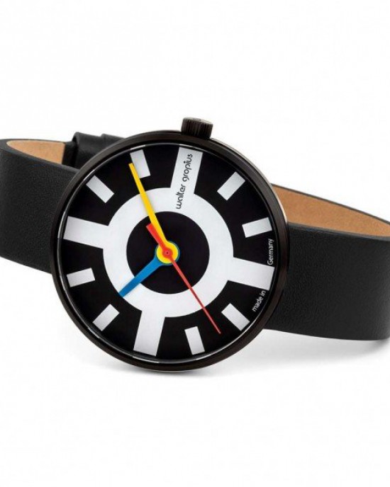 Walter Gropius Bauhaus horloge " Crossway " stalen kast zwart gecoat , donkere wijzerplaat + lederen band - 210082
