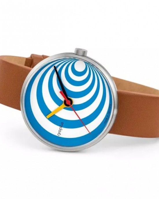 Walter Gropius Bauhaus horloge " Excentric " stalen kast , wit-blauw wijzerplaat + lederen band - 210084