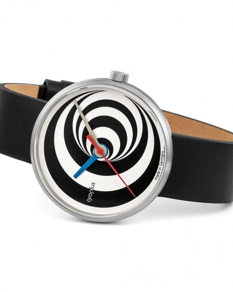 Walter Gropius Bauhaus horloge " Excentric " stalen kast , wit-zwart wijzerplaat + lederen band - 210085