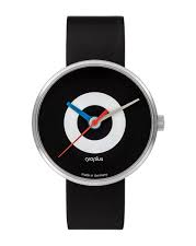 Walter Gropius Bauhaus horloge " J.Albers " stalen kast , zwart-wit-zwart wijzerplaat + lederen band - 210088