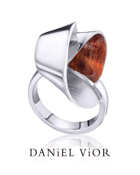 Daniel Vior,zilveren ring, geelverguld, Espiral, oranje-rood emaille - 209413