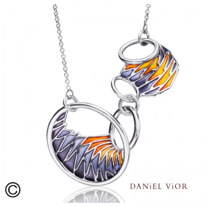 Daniel Vior,zilver gerhodineerde collier Tarsus, geel met zwart/blauw emaille - 209408