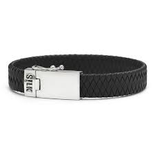 silk armband, geoxydeerd zilver met zwart leer en insteekveer en veiligheidsachtje. Model 841BLK op 21 cm lengte - 209324