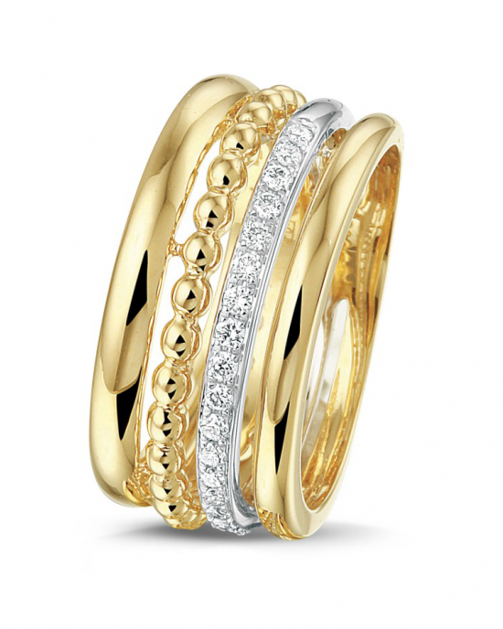 14 karaats bi-colour gouden combi-ring bestaande uit 4 banen, gladde en een bolletjesbaan en tevens één witgouden baan verfraaid met 19 briljanten pavé gezet, totaal 0,17 crt H-Si - 208707
