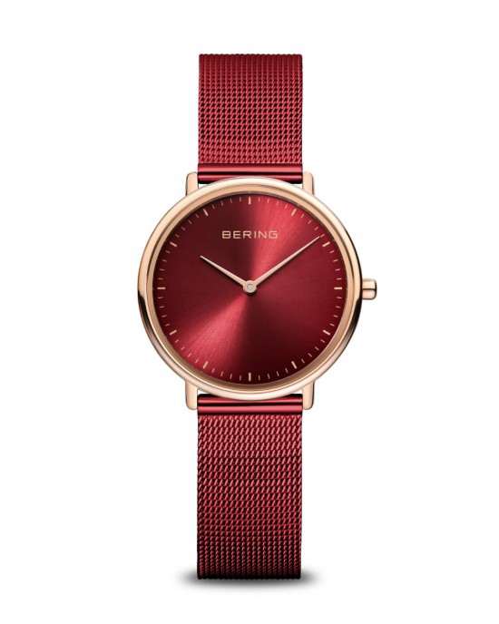 Bering horloge " Classic "  ronde stalen kast rosé verguld en rode milanaise band en rode wijzerplaat, 15729-363 - 214305