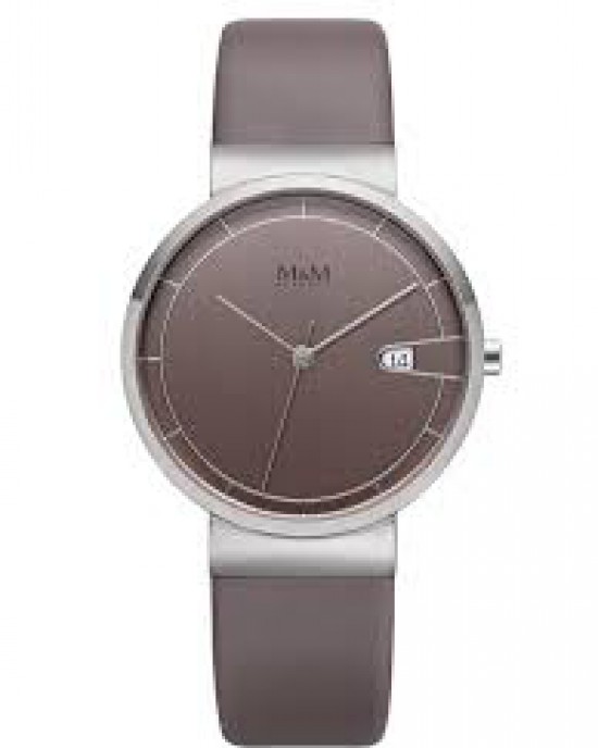 stalen M&M horloge ; ronde kast en taupekleurige wijzerplaat + lederen band model - 210231
