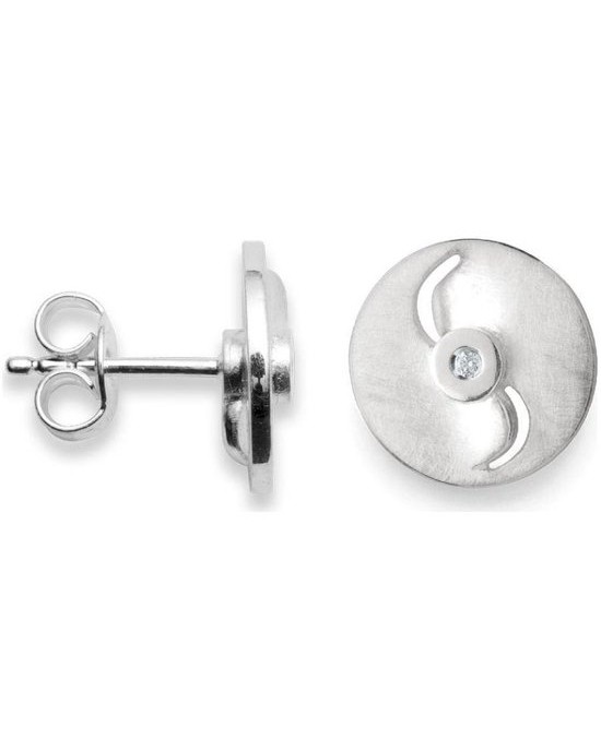 zilveren Bastian oorstekers : 2 x ronde holle geborstelde schijfje met in het midden een briljant geslepen diamant - 210259