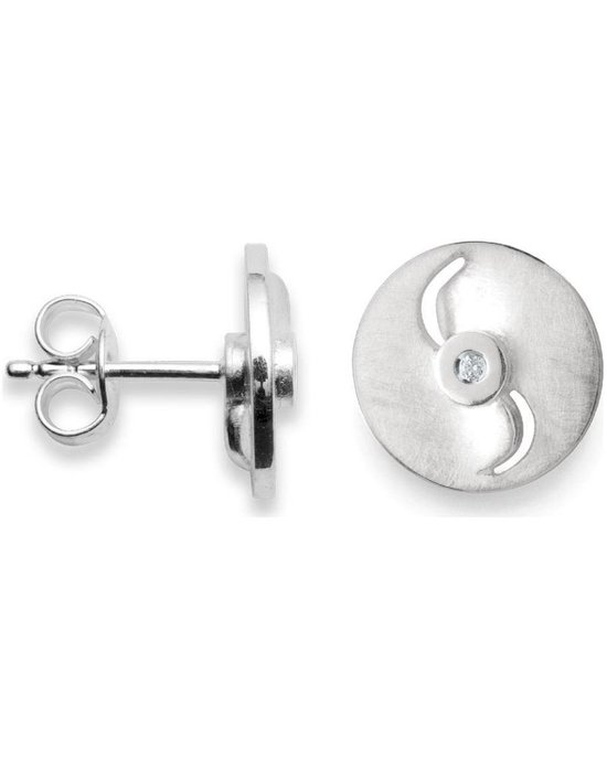 zilveren Bastian oorstekers : 2 x ronde holle geborstelde schijfje met in het midden een briljant geslepen diamant - 210259